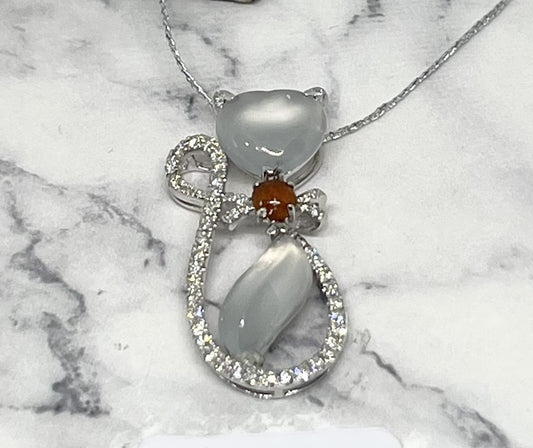 18K White Gold Jade & Diamond  Cat Pendant