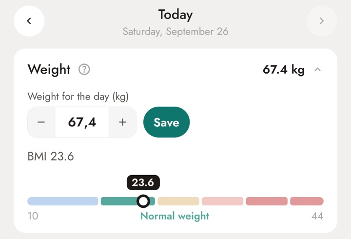 Body screen in the app, Weight block, with a BMI of 23.6 in the Normal weight range