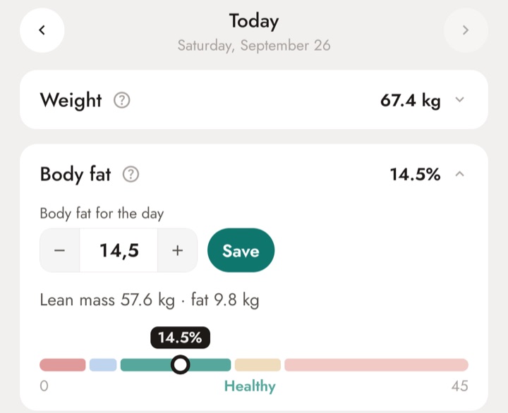 Body screen in the app, Body fat block, with 14.5% in the Healthy range