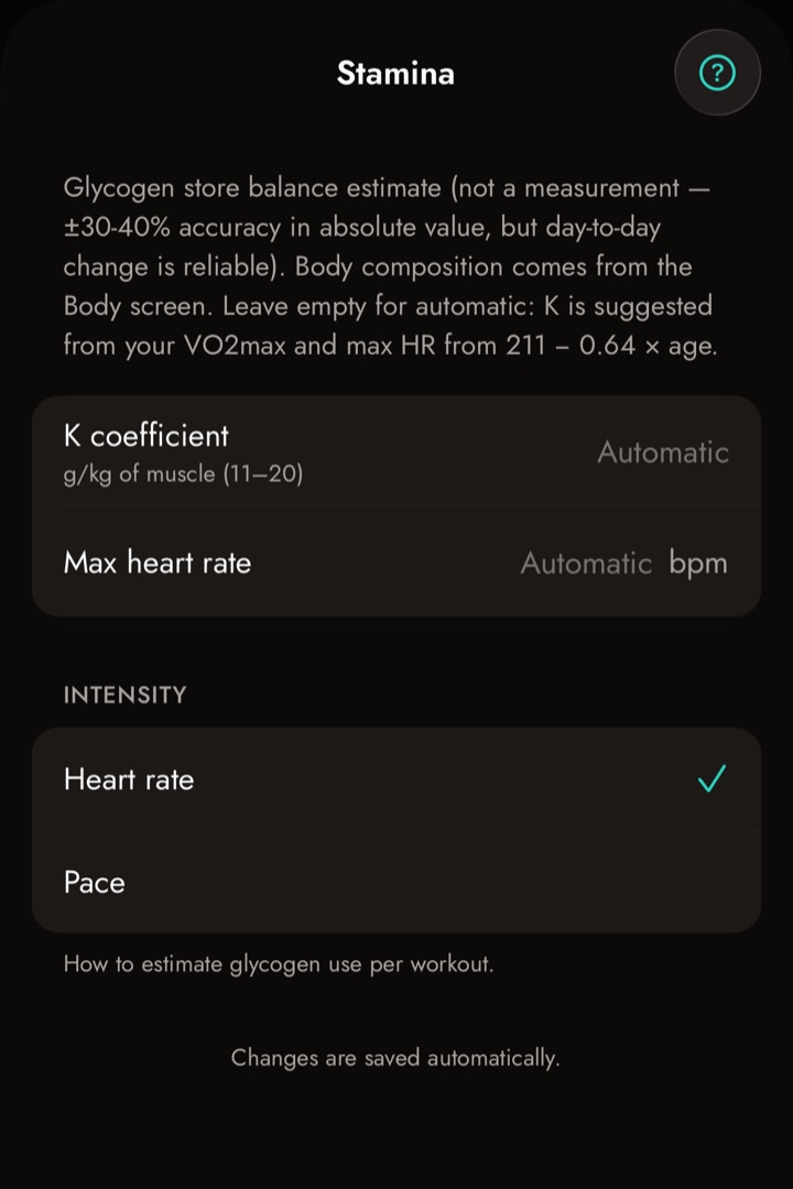 App settings, Stamina screen, with K coefficient and max heart rate on automatic and intensity from heart rate