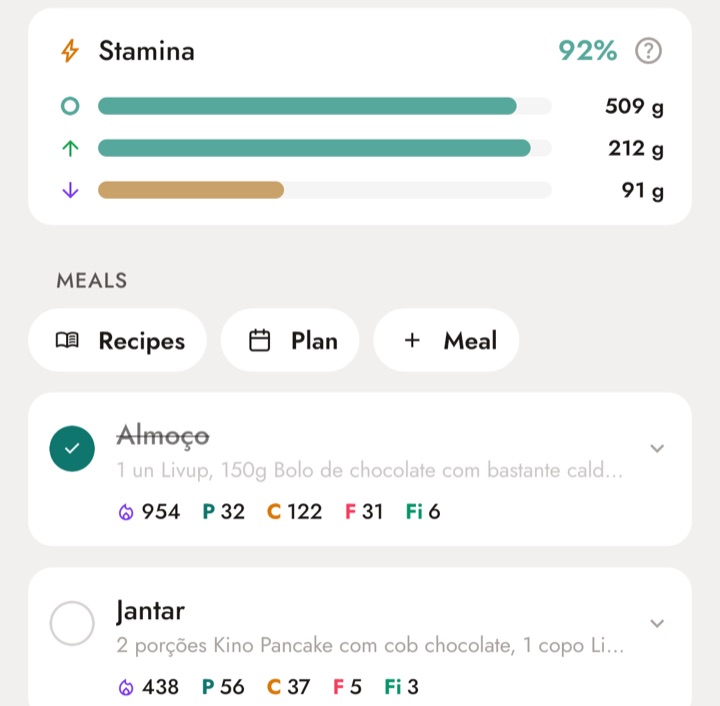 Stamina card on the Nutrition screen in the app, with 92%, 509 g stored, 212 g of carbohydrate eaten and 91 g used