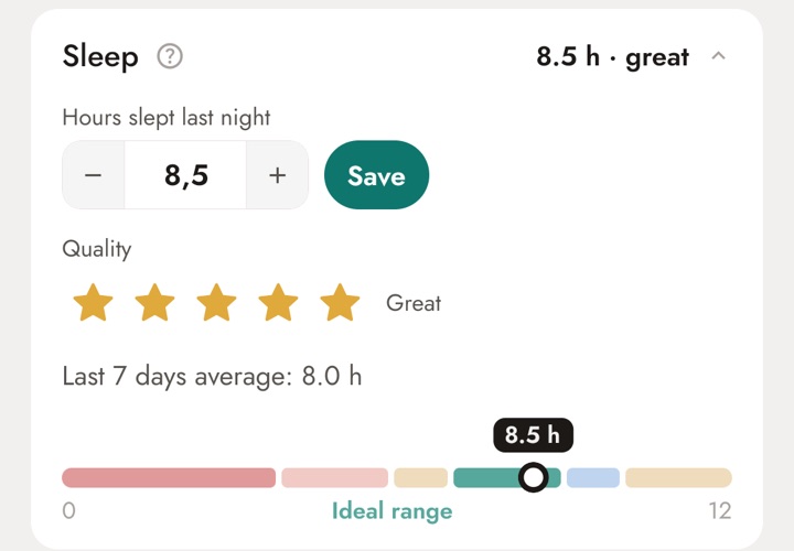 Body screen in the app, Sleep block, with 8.5 hours, Great quality and the Ideal range