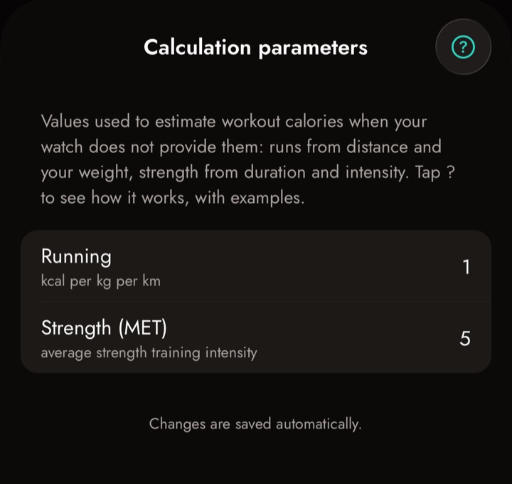 App settings, Calculation parameters screen, with Running 1 kcal per kg per km and Strength MET 5