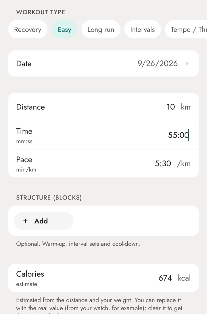 Run form in the app, with 10 km in 55 minutes, a 5:30 pace and 674 kcal estimated