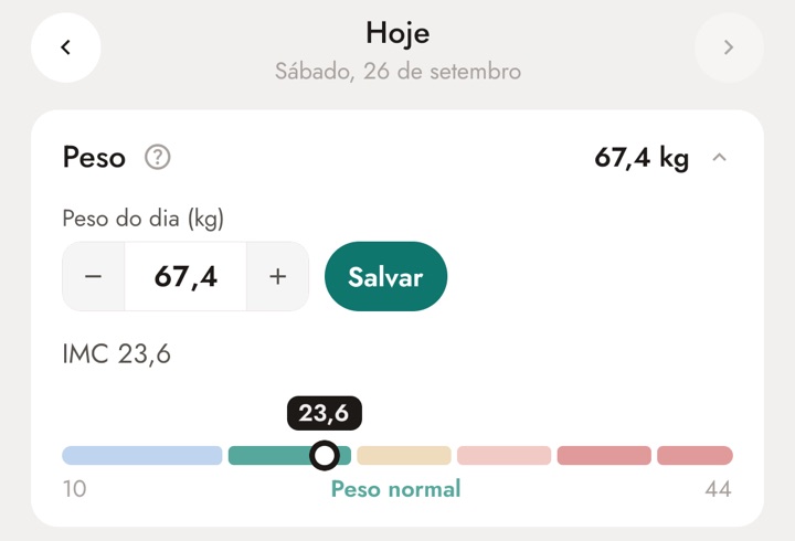 Tela Corpo do app, bloco Peso, com IMC 23,6 na faixa Peso normal