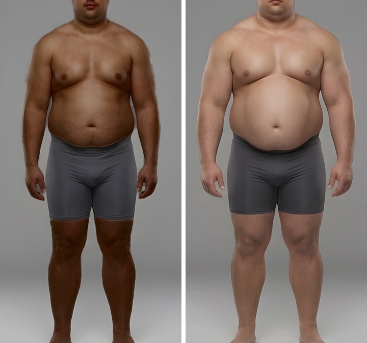 Dois homens com cerca de 35% de gordura: à esquerda, com músculo comum; à direita, atleta de força com muito músculo