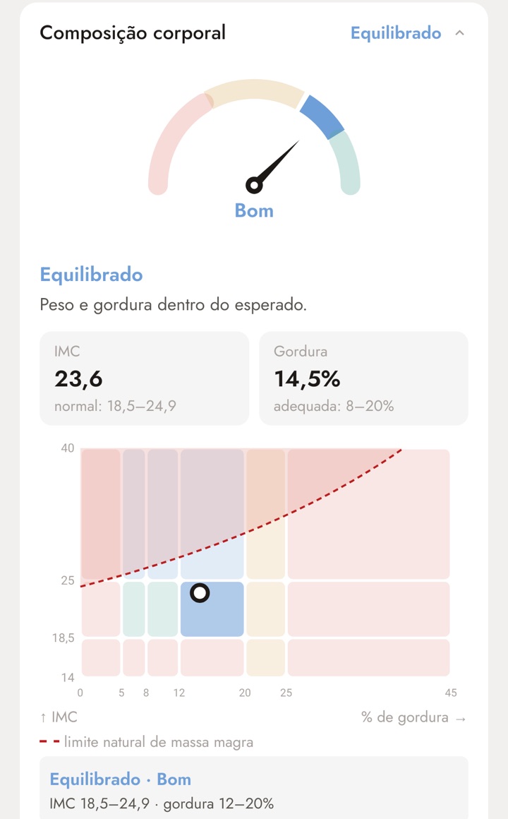 Tela Corpo do app, bloco Composição corporal, com perfil Equilibrado, velocímetro em Bom e o ponto no mapa