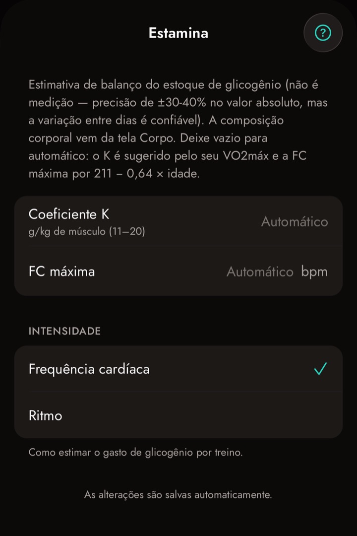 Configurações do app, tela Estamina, com Coeficiente K e FC máxima automáticos e intensidade pela frequência cardíaca
