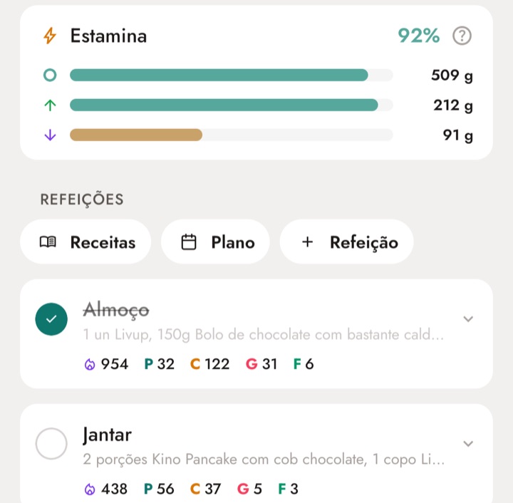 Cartão Estamina da tela Alimentação do app, com 92%, 509 g no estoque, 212 g de carboidrato comidos e 91 g gastos