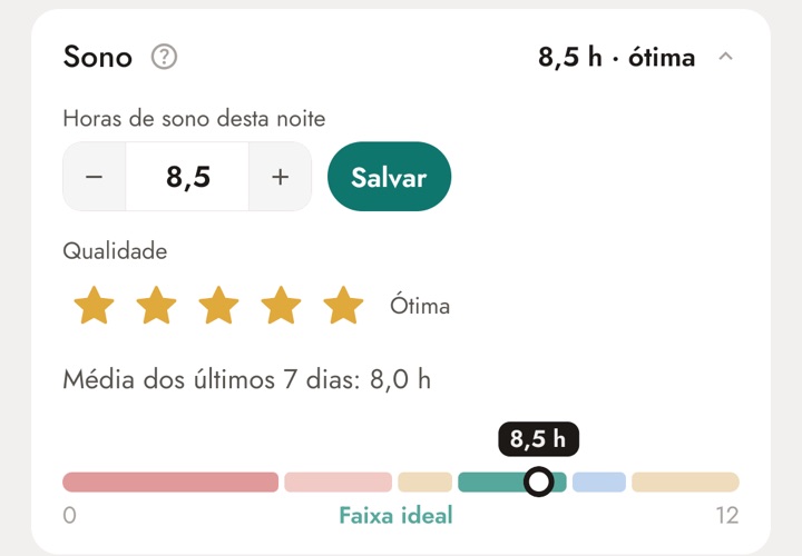 Tela Corpo do app, bloco Sono, com 8,5 horas, qualidade Ótima e Faixa ideal