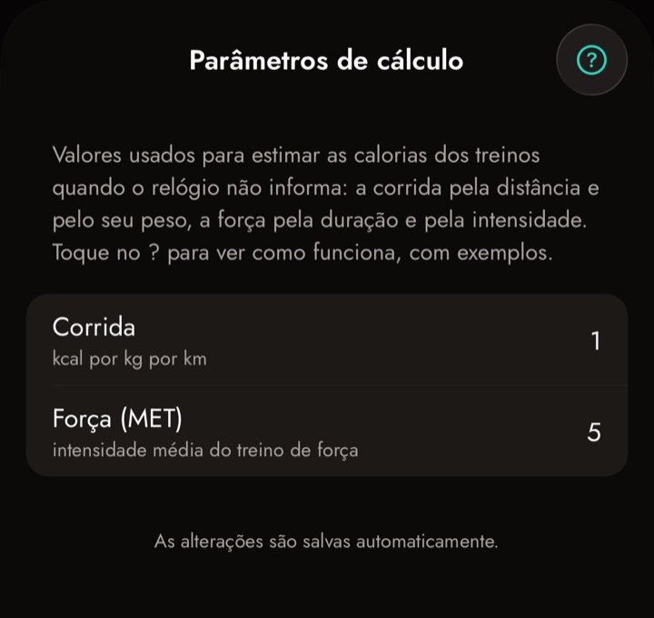 Configurações do app, tela Parâmetros de cálculo, com Corrida 1 kcal por kg por km e Força MET 5
