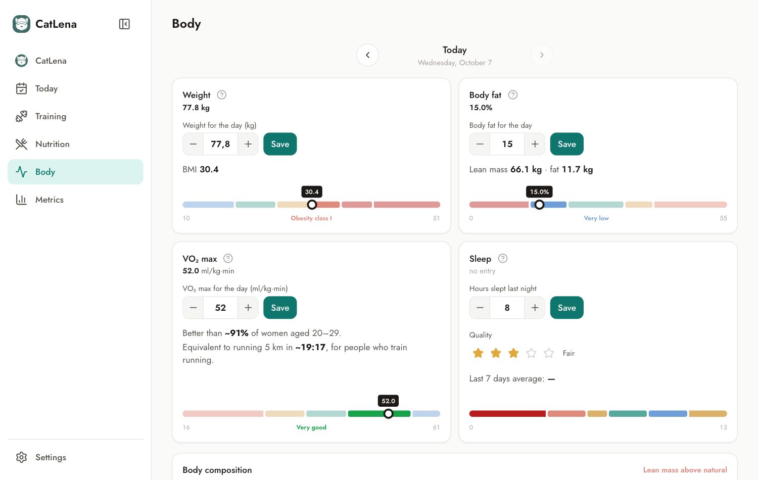 Body screen with weight, body fat, VO₂ max and sleep