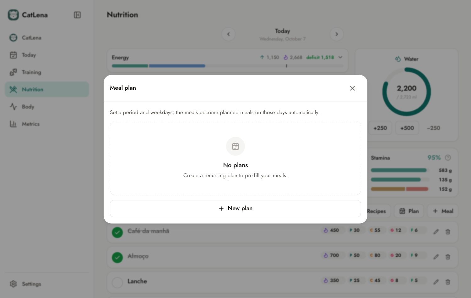 Meal plan panel