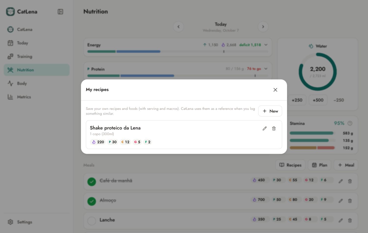 My recipes panel