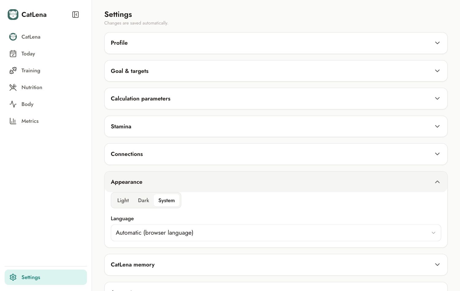 Appearance section with theme and language