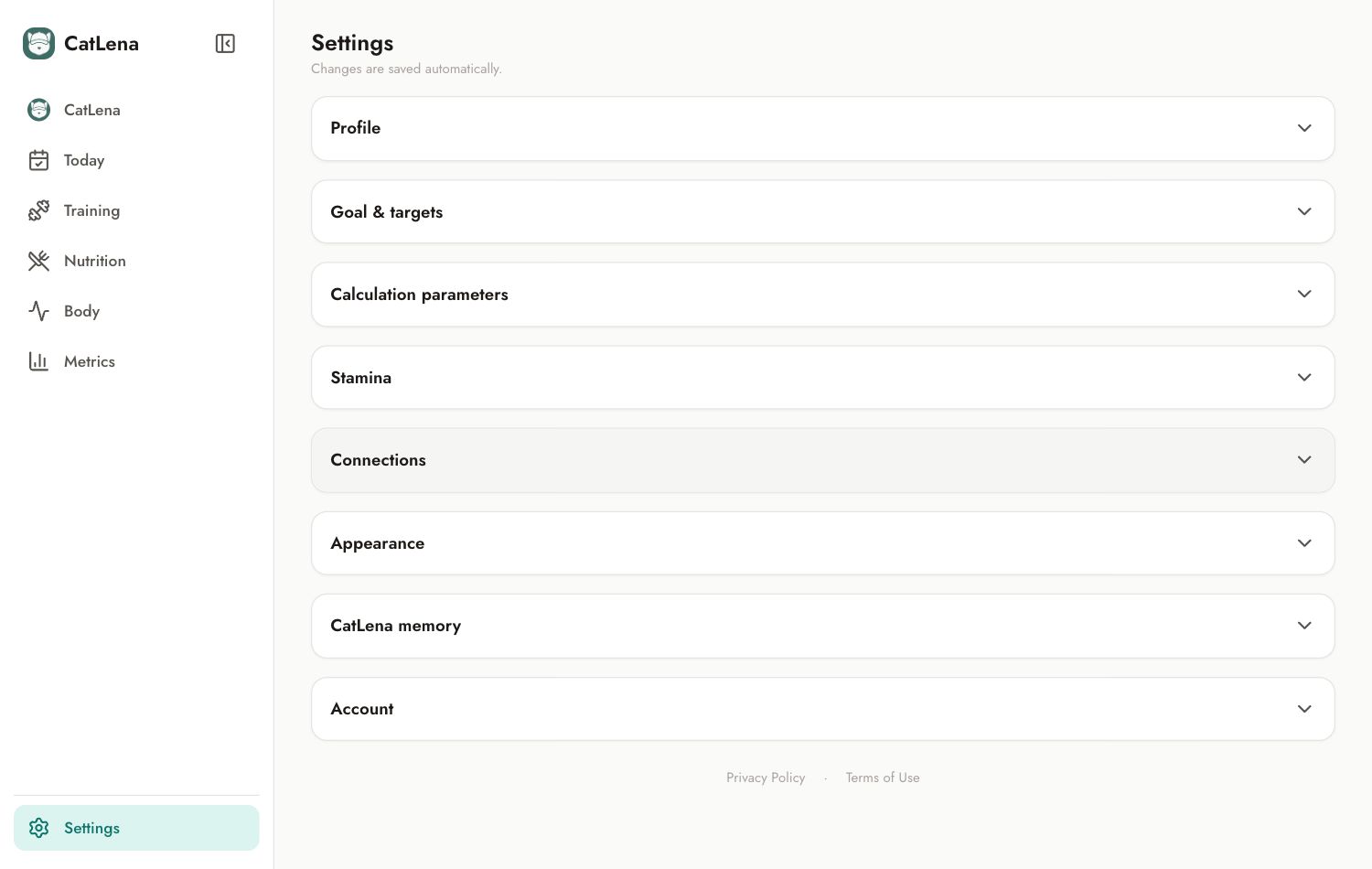 Settings screen with its sections