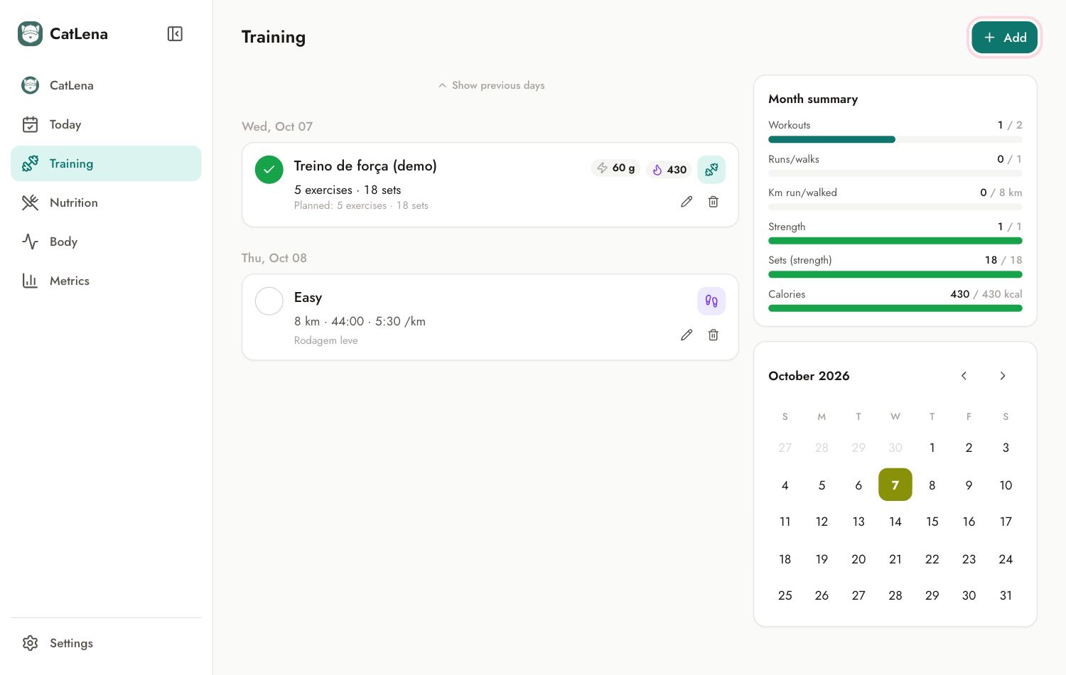 Training screen with the Add button highlighted
