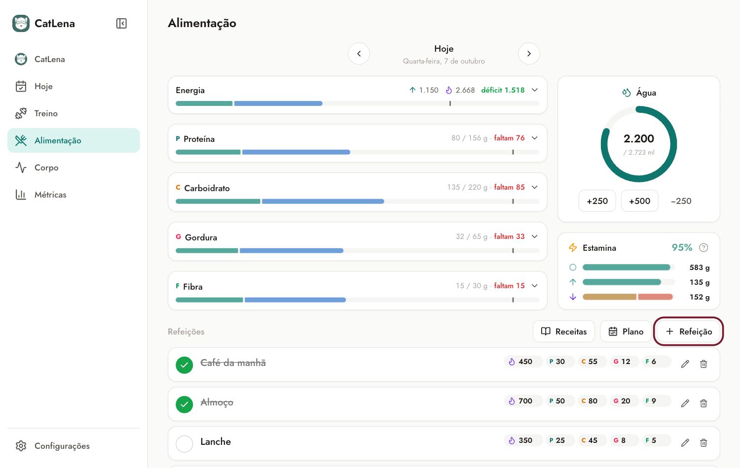 Tela Alimentação com o botão Refeição destacado