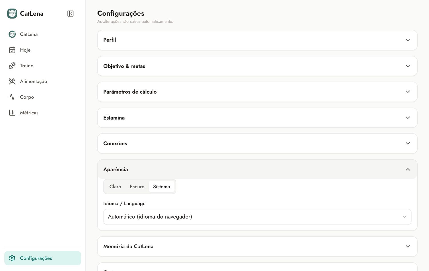 Seção Aparência com tema e idioma