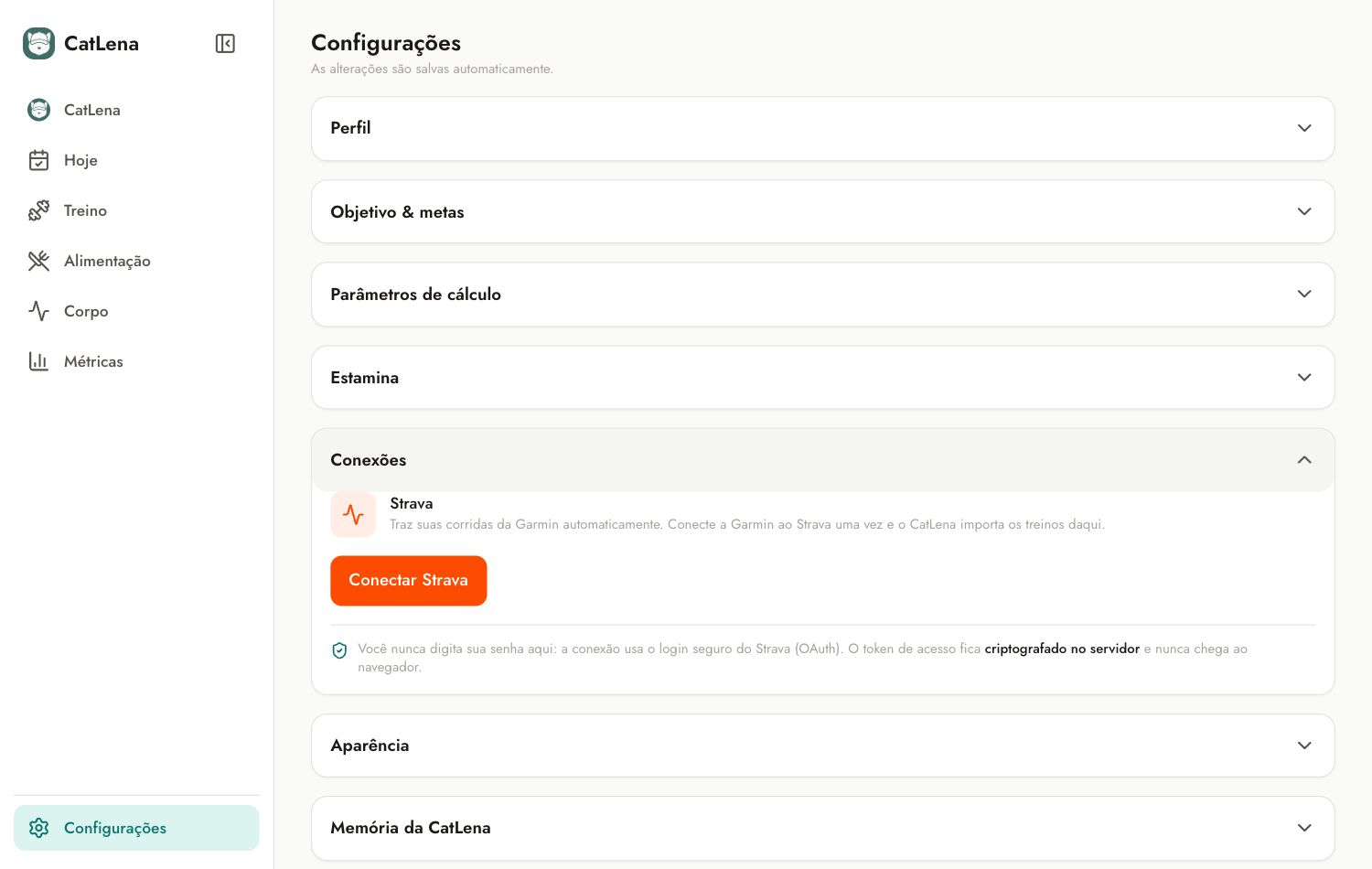 Seção Conexões das Configurações