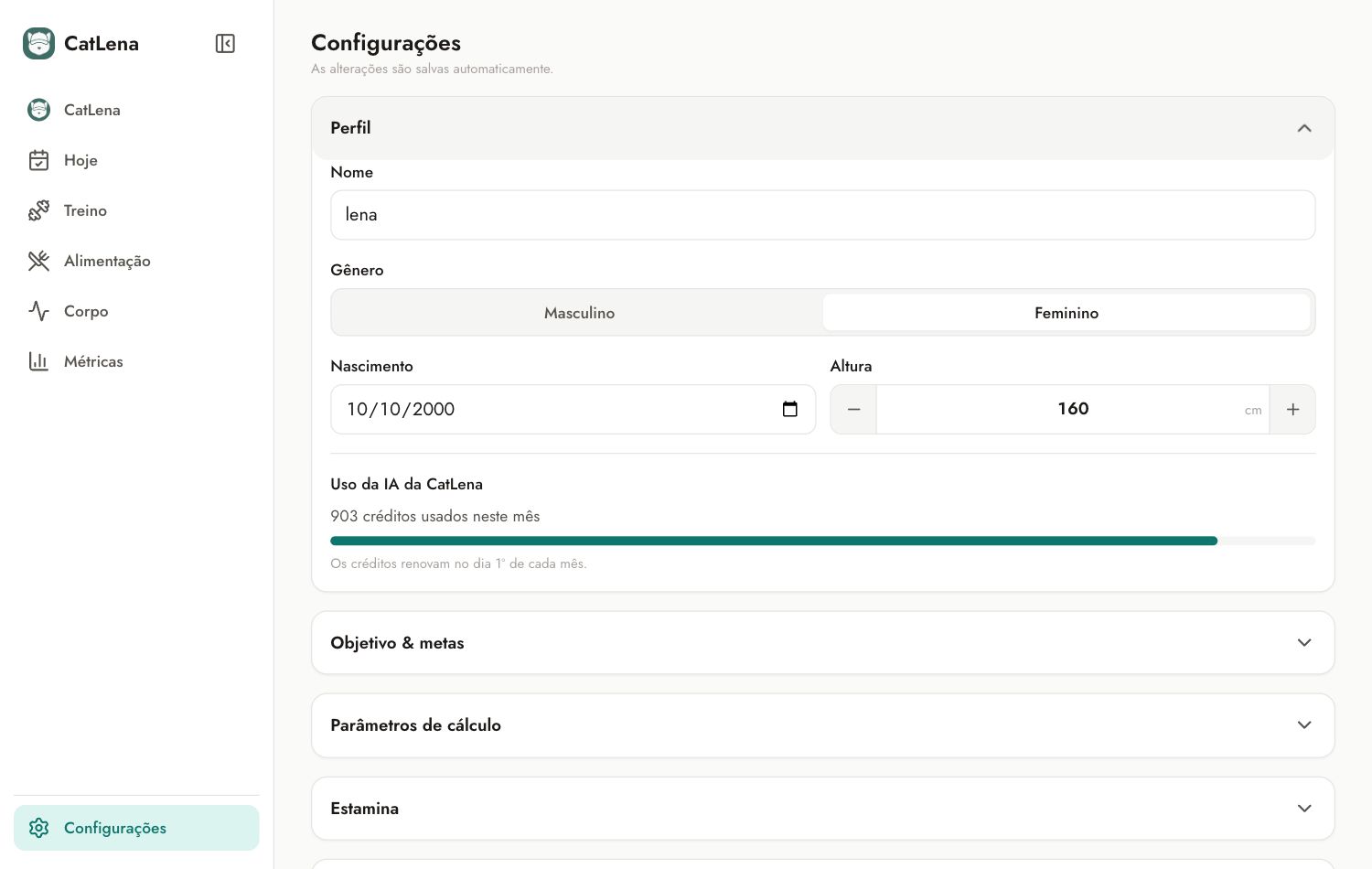 Seção Perfil das Configurações com o uso da IA