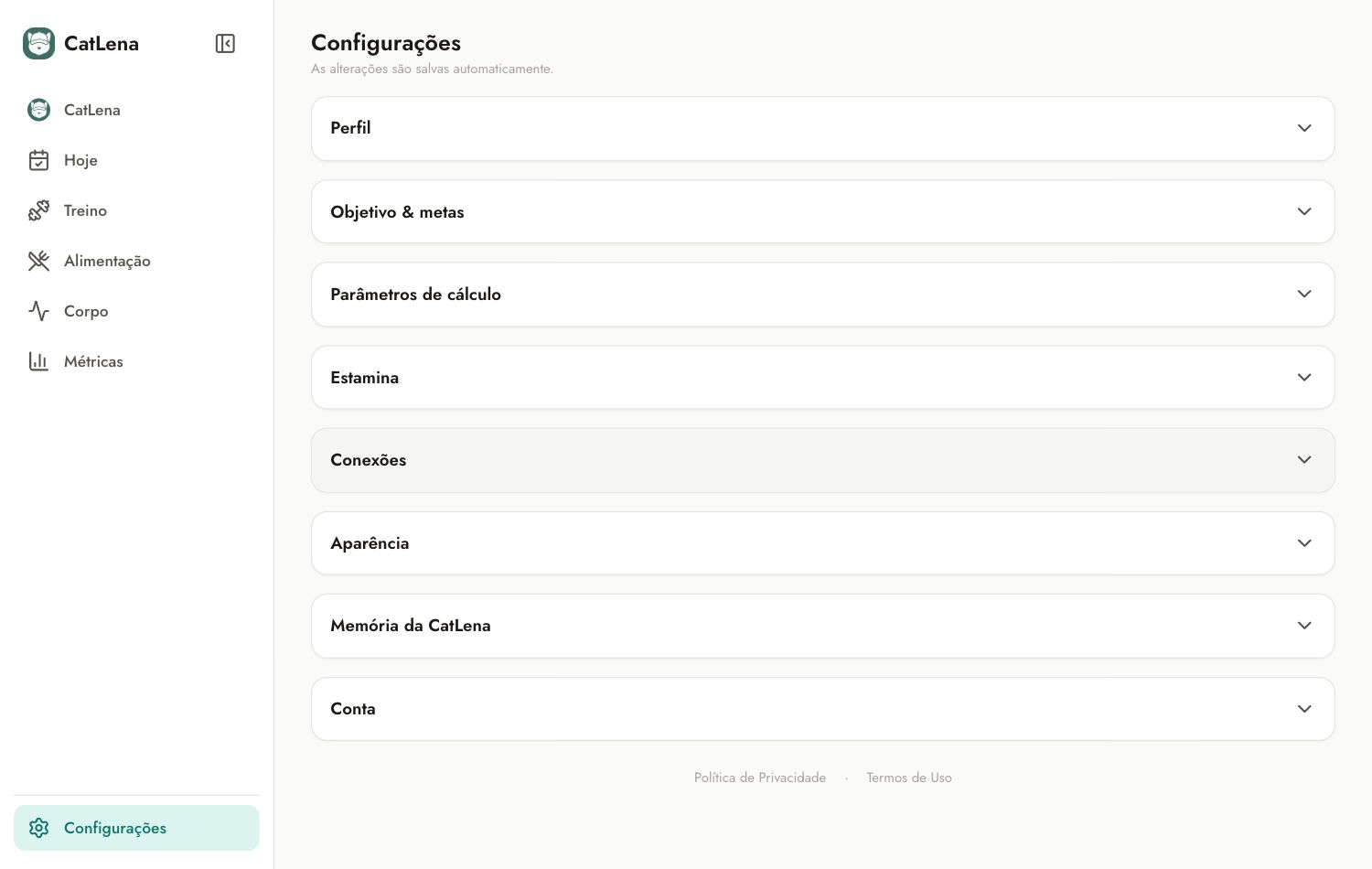 Tela Configurações com as seções