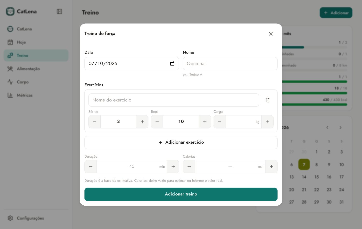 Formulário de treino de força