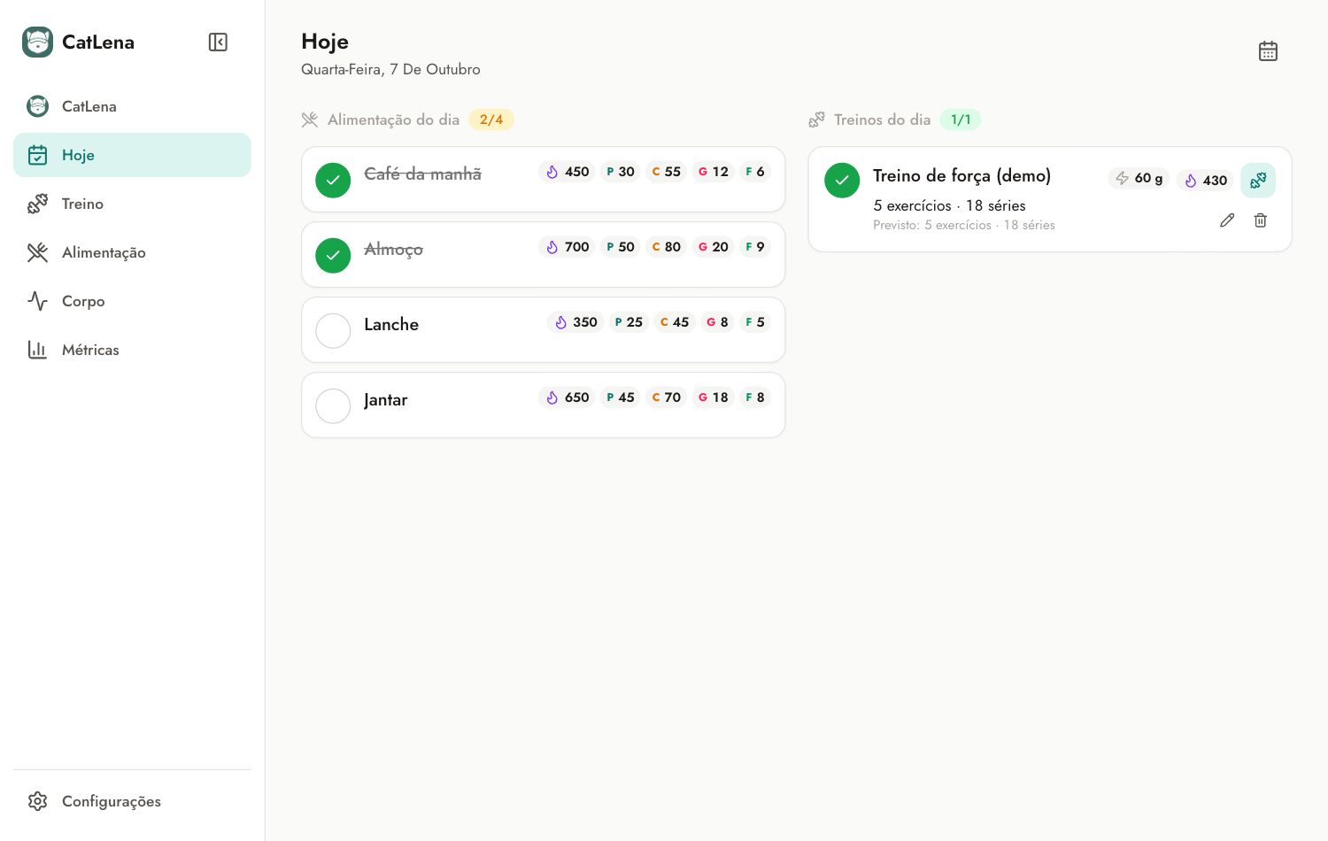 Tela Hoje com as refeições e os treinos do dia